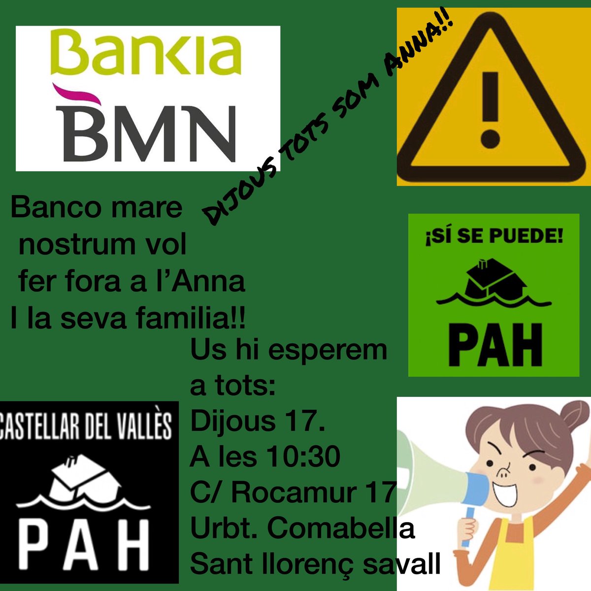 PAH_Castellar's tweet photo. #BMN vol fer fora a l’Anna i la seva família. Dijous 17 #BMNsolucioannaja. #pahcastellar fa una crida per parar el desnonament de l’Anna #TotsSomAnna us hi esperem!!! 💪🏻💪🏻💪🏻 #SiSePuede https://t.co/p60DVJSLu4