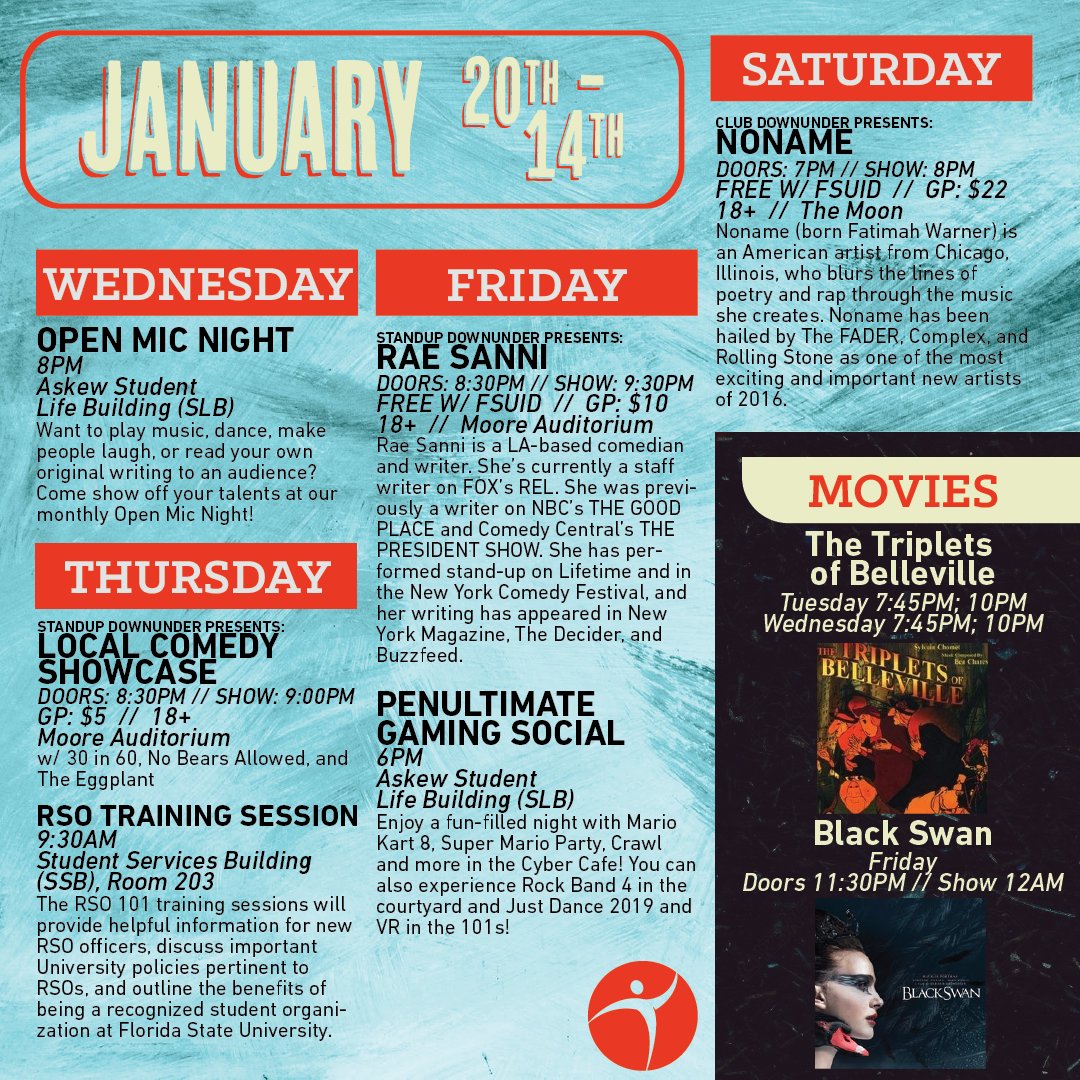 FSUStudentUnion's tweet image. Open mics, comedy nights, CDU Presents: Noname at The Moon and more! For more information on these events and what else we have leading up to #FSUMLKWeek visit union.fsu.edu.