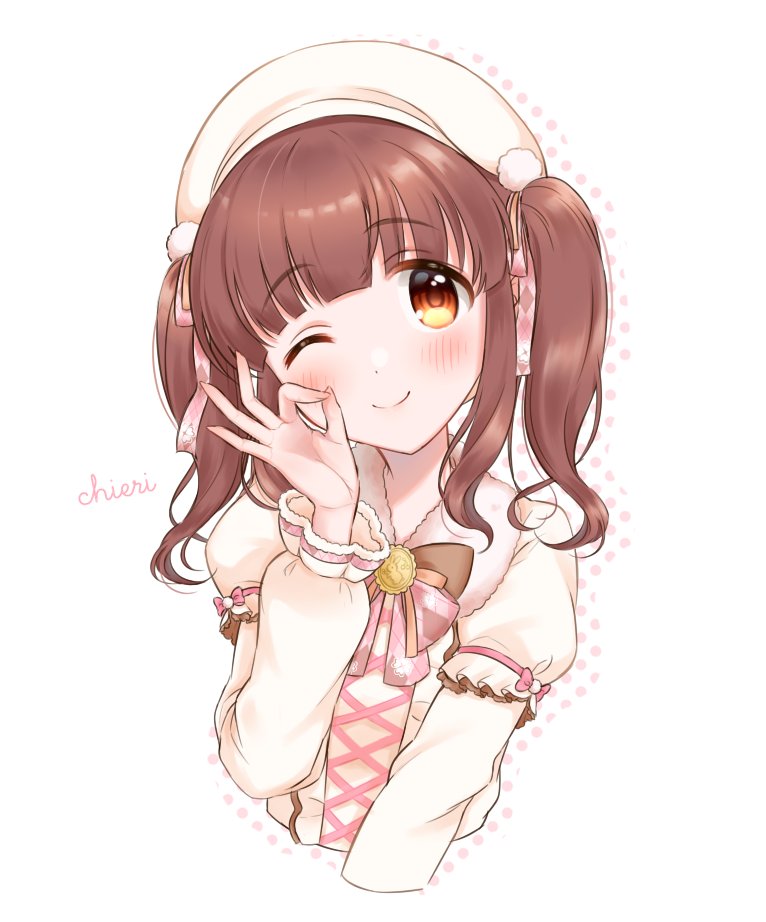 ogata chieri 1girl solo one eye closed twintails hat smile brown hair  illustration images