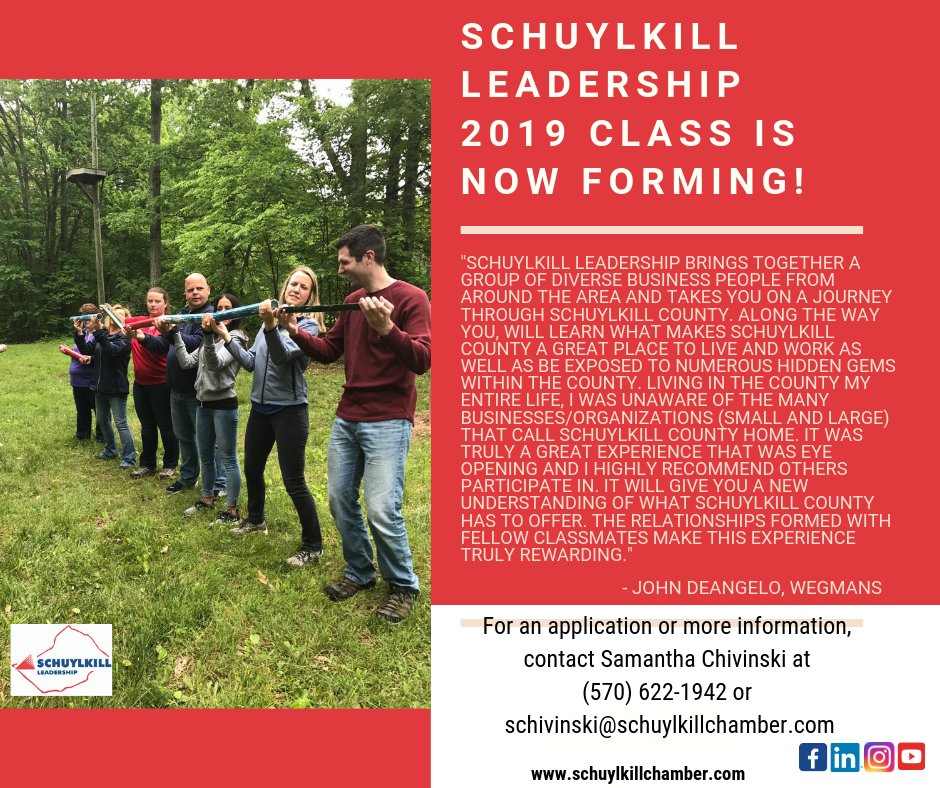 Schuylkill County has a lot to offer. If you aren't aware of what we have right here in our backyard, this program is for you! Team building, leadership, organizational development and so much more! For more information, contact the Schuylkill Chamber of Commerce at 570-622-1942.