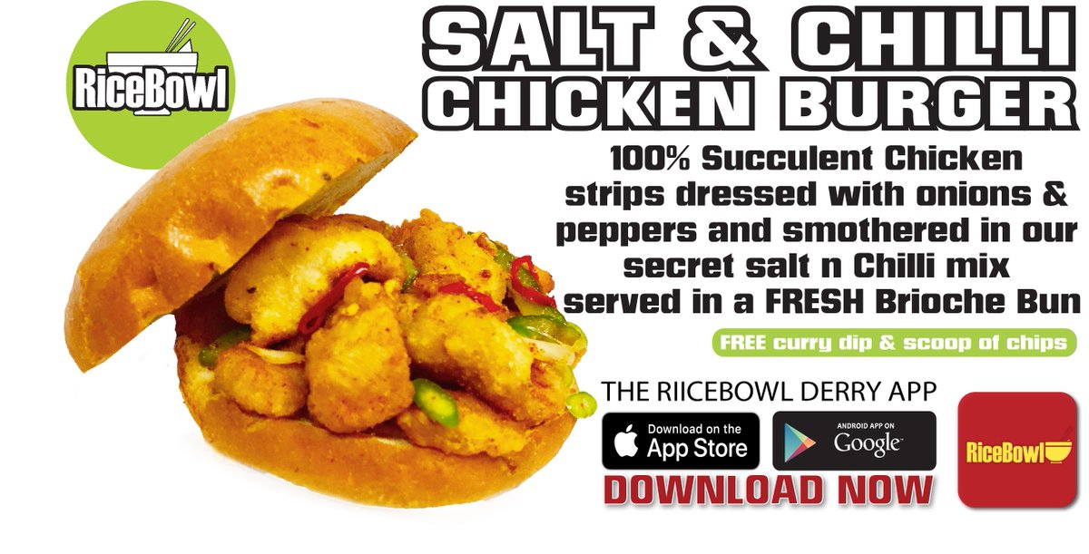 MeRiceBowl's tweet photo. WIN: This weeks @MeRiceBowl #midweek draw.

Win 1 of 3  Salt &amp; Chilli Chicken Burgers with Chips &amp; Curry Dip.

RT &amp; #Tag a friend to Enter! Winners chosen Wednesday @ 5pm.

Download the @MeRiceBowl for great savings &amp; special offers!

#derry #free #food #competition #Chinese #app https://t.co/HKLTbmbNvr