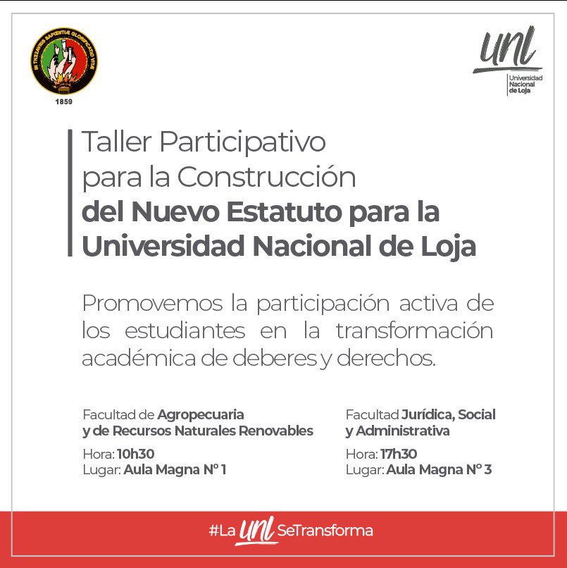 En <a href="/UNLoficial/">Universidad Nacional de Loja</a> fomentamos una participación democrática de los estudiantes para la construcción del nuevo estatuto universitario. 💡#ViveUNL