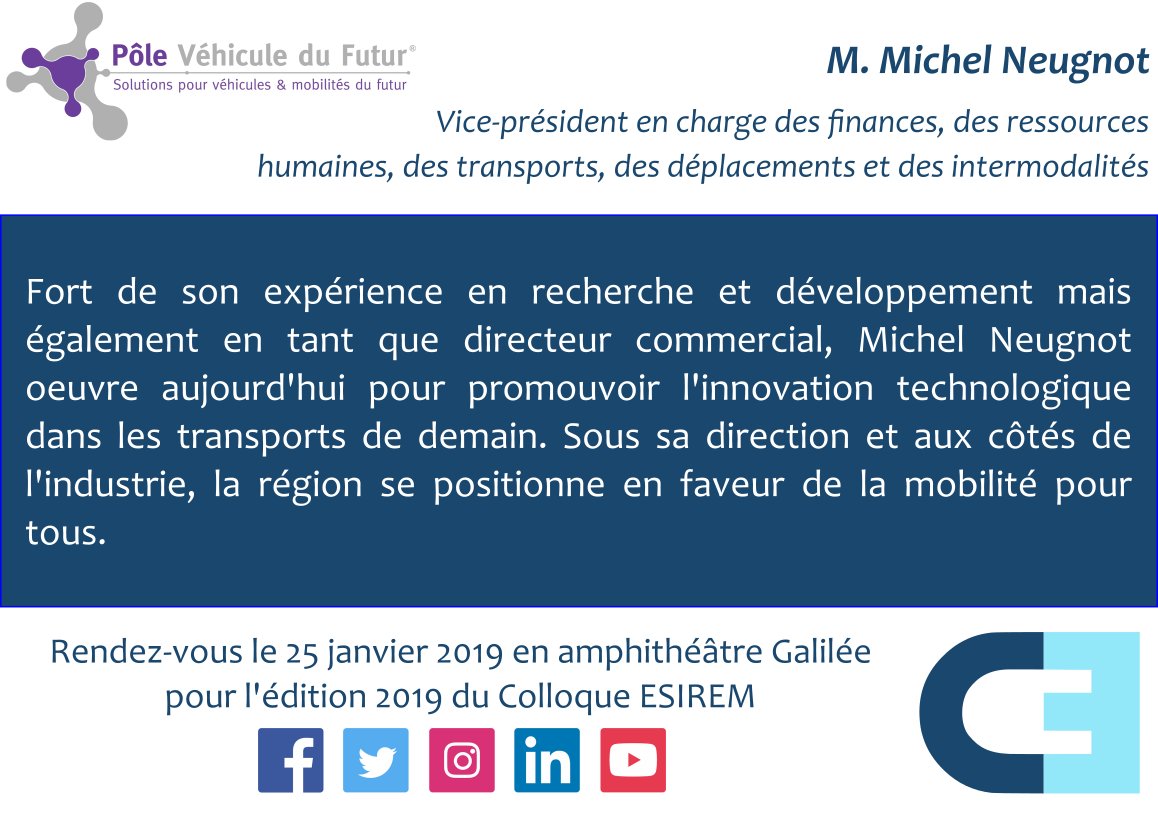 ColloqueESIREM's tweet image. Avec quelques jours de retard, voici l'intervenant de la semaine, Michel Neugnot du pôle @vehiculedufutur. 
Pour rappel, les inscriptions sont ouvertes depuis plusieurs semaines. Rendez-vous sur notre site web !
colloqueesirem.u-bourgogne.fr/index.php/insc…