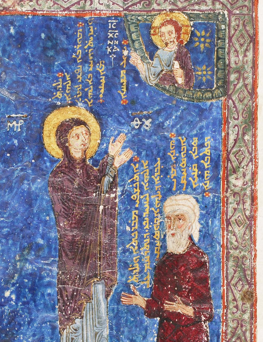 visitHMML's tweet photo. Stunning patron portrait-11/12th-c. Syriac Evangelion, Church of 40 Martyrs, Mardin Turkey [CFMM 37]. Gilded text identifies him as the venerable [elder] Mr. Abu Ishaq, sponsor of the book - appealing to the VM to intercede on his behalf. https://t.co/3eZuNGwrq3 #Syriac #ThatBlue https://t.co/JXHaLOlJMA