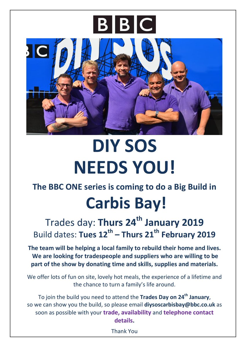 DIY SOS (@diysos) on Twitter photo We're pleased to announce our FIRST Big Build of the year, next month in Carbis Bay! We're looking for help from local tradespeople, suppliers and more!
Can you help? Please email diysoscarbisbay@bbc.co.uk Build dates: Tues 12th - Thurs 21st Feb. Please RT! We're pleased to announce our FIRST Big Build of the year, next month in Carbis Bay! We're looking for help from local tradespeople, suppliers and more!
Can you help? Please email diysoscarbisbay@bbc.co.uk Build dates: Tues 12th - Thurs 21st Feb. Please RT!