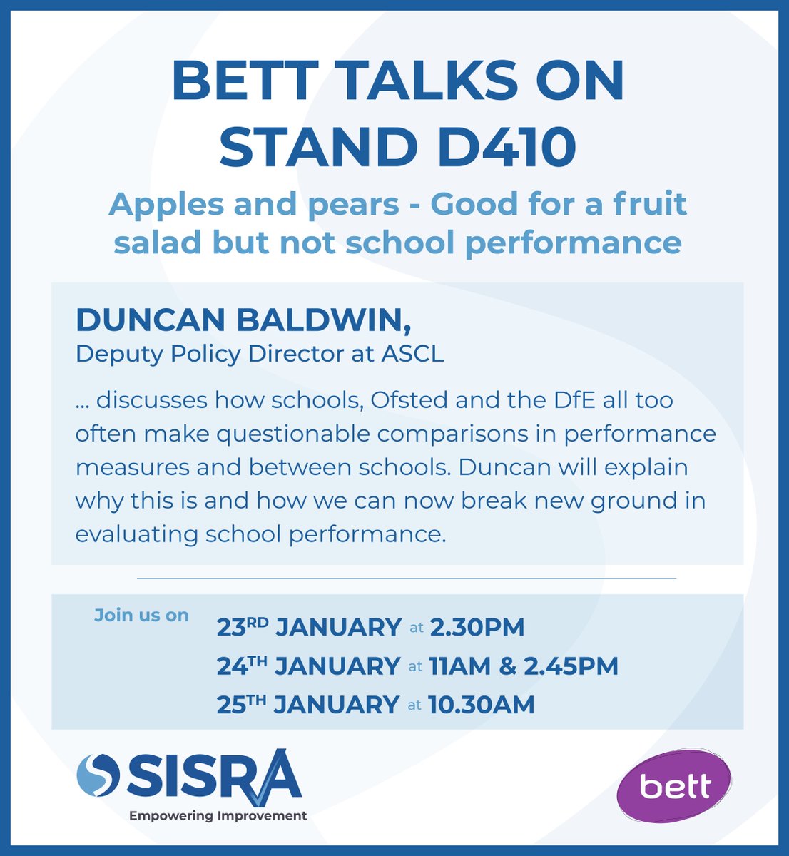 SisraAnalytics's tweet image. Are you going to @Bett_show ? 

Make sure you pop by our stand D410 to see our great guest speakers @Duncan_Baldwin and @ClaireAshton! 

#Bett2019 #SISRADataCollab #SchoolPerformance #GDPR