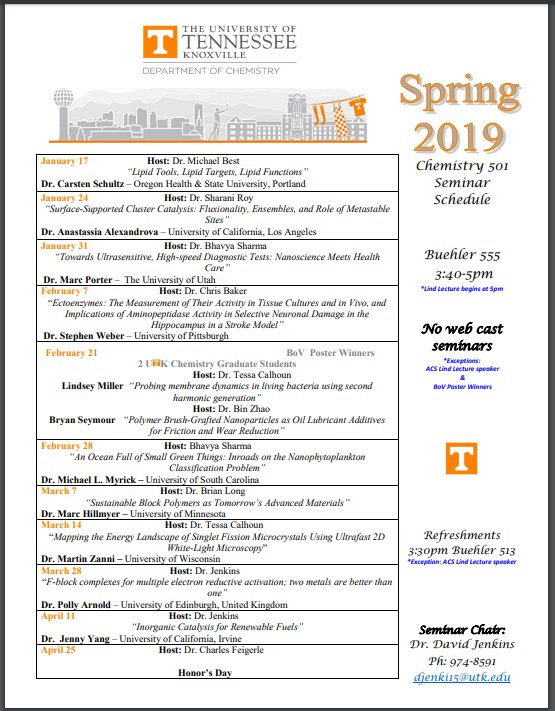 CHEMISTRYUTK's tweet photo. We have some great speakers visiting Rocky Top this semester. Check out the seminar schedule here. First seminar kicks off this Thursday! #letstalkaboutscience https://t.co/9OnBJPclqx