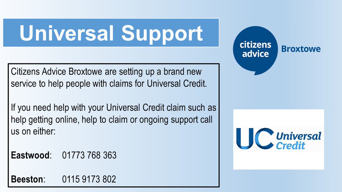 Help is on hand for #UC Universal Credit claimants. If you or your service users need help in #Broxtowe then give us a call or visit our branch in Beeston or Eastwood. <a href="/broxtowebc/">Broxtowe Borough Council</a> <a href="/Anna_Soubry/">Anna Soubry 🇬🇧🏴󠁧󠁢󠁥󠁮󠁧󠁿🇺🇦🇪🇺🖤🤍</a> <a href="/homestreethome1/">Broxtowe Youth Homelessness - BYH</a> <a href="/vabroxtowe/">Voluntary Action Broxtowe</a> <a href="/Broxtowewomen/">BWP (Broxtowe Women's Project)</a>
