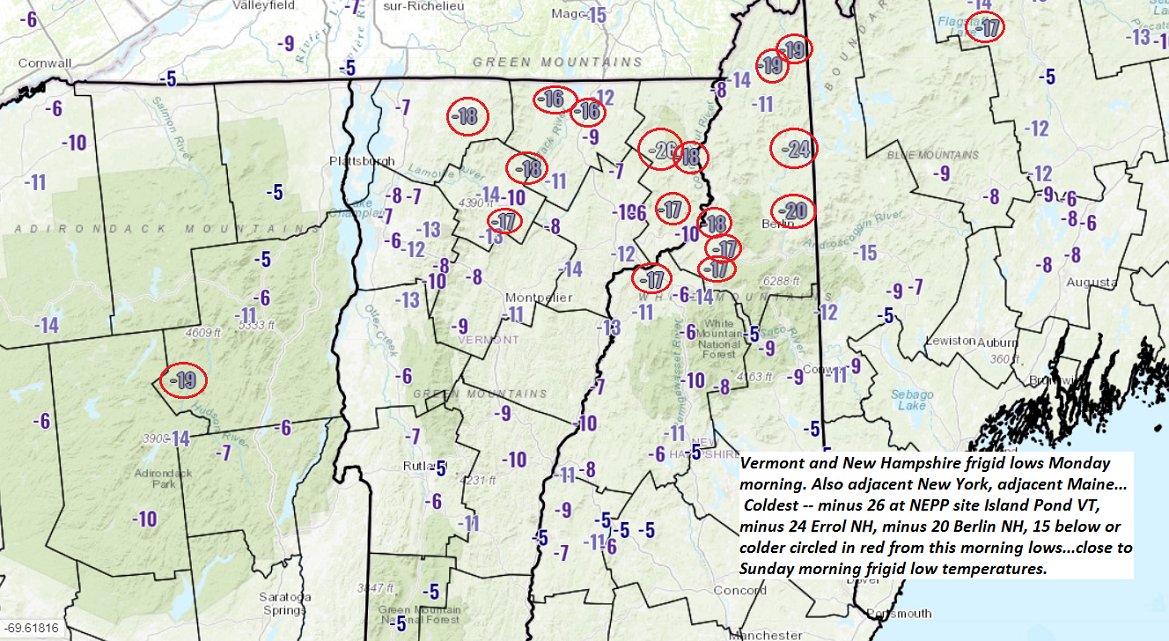 wxeringheights's tweet photo. #frigidMorning lows equal in some cases to Sunday morning cold. -26 degrees the coldest at NEPP site in Island Pond followed by minus 24 in Errol NH. Expect another cold night but temperatures likely in the single digits below and above zero tonight. #thisisvermont #VTWX https://t.co/u98KvGTamw