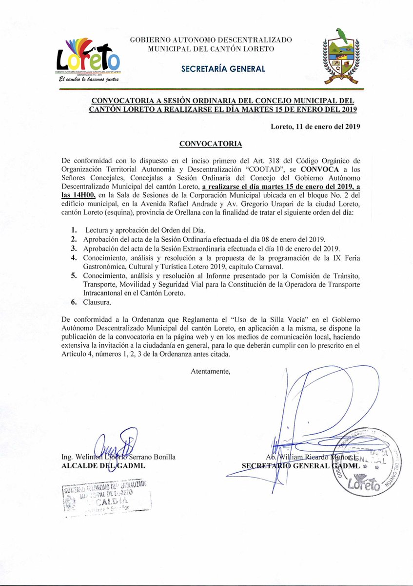 #CONVOCATORIA
 Se realiza la convocatoria a #SesiónOrdinaria Del ConcejoMunicipal del Cantón #Loreto a realizarse el día martes 15 de enero del 2019.
 Más detalles.