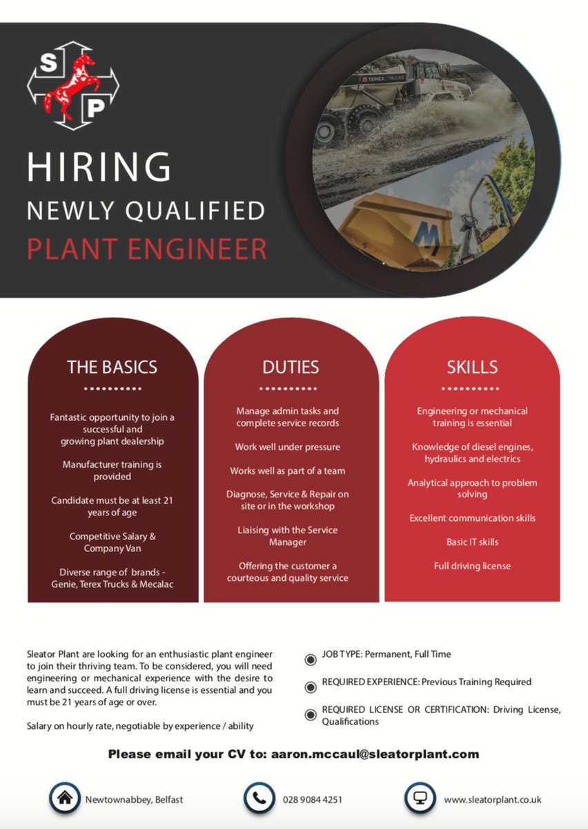 SleatorPlant's tweet photo. We're #hiring!
Sleator Plant are looking to #recruit a newly qualified Plant #Engineer to join our team.
Please see the job advert below and to those wishing to apply, please email your CV in confidence to aaron.mccaul@sleatorplant.com
#newjob #jobvacancy #plantengineer https://t.co/3vN31874tb