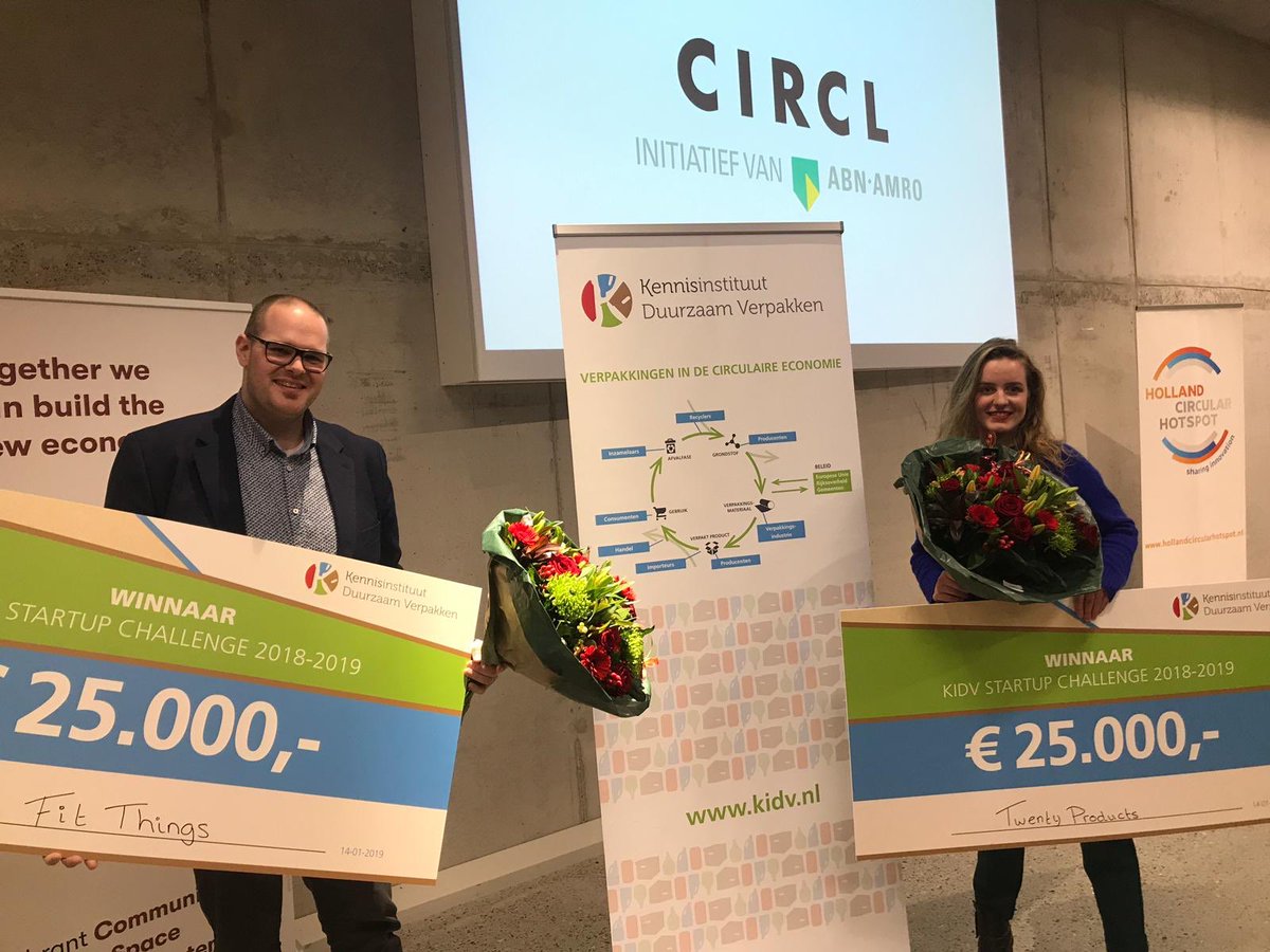 Twenty Products en Fit Things winnen de KIDV Startup Challenge! Ze ontvangen 25.000 euro en inhoudelijke begeleiding voor de realisatie van hun circulaire verpakkingsinnovaties. #weekvandeCE #verpakken Lees meer op: bit.ly/2M8sSnw