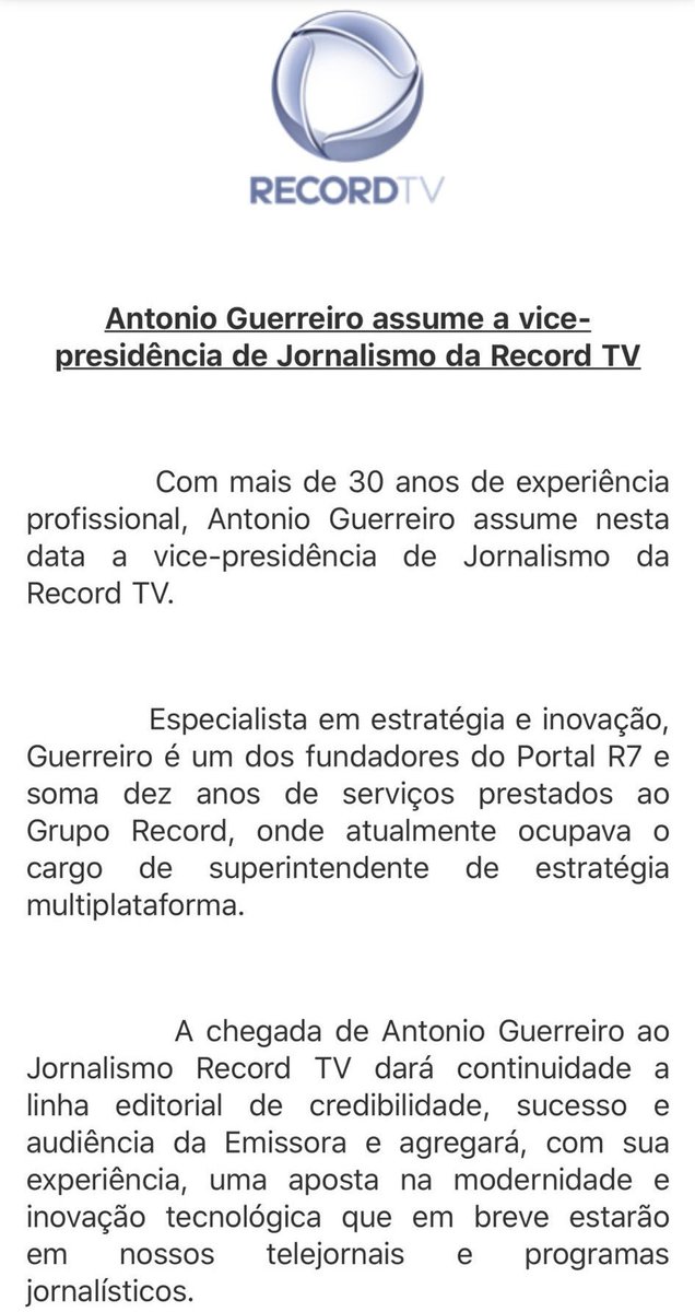 silvinhotv's tweet image. 💣 Douglas Tavolaro deixa a direção de jornalismo da RecordTV. Quem assume é Antônio Guerreiro, um dos fundadores do portal R7.