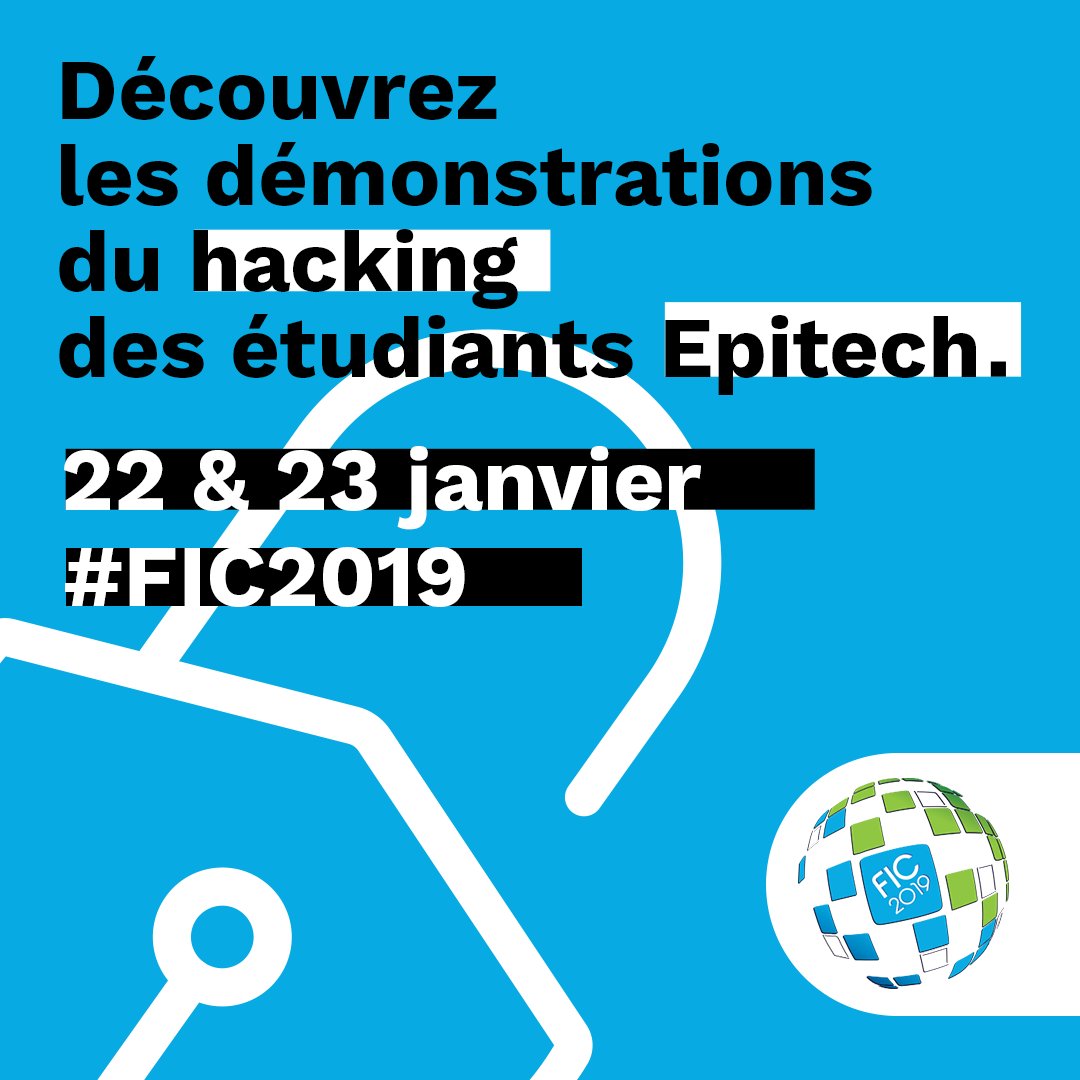 Epitech's tweet photo. Le @FIC_fr est de retour les 22 &amp; 23 janvier ! Retrouvez l'équipe de @EpitechLille sur le stand C17. Nos étudiants seront également présents pour des démonstrations de #hacking. Ils vous révéleront comment déverrouiller une voiture sans avoir la clef d’origine ! #FIC2019 https://t.co/vIY73HR08u