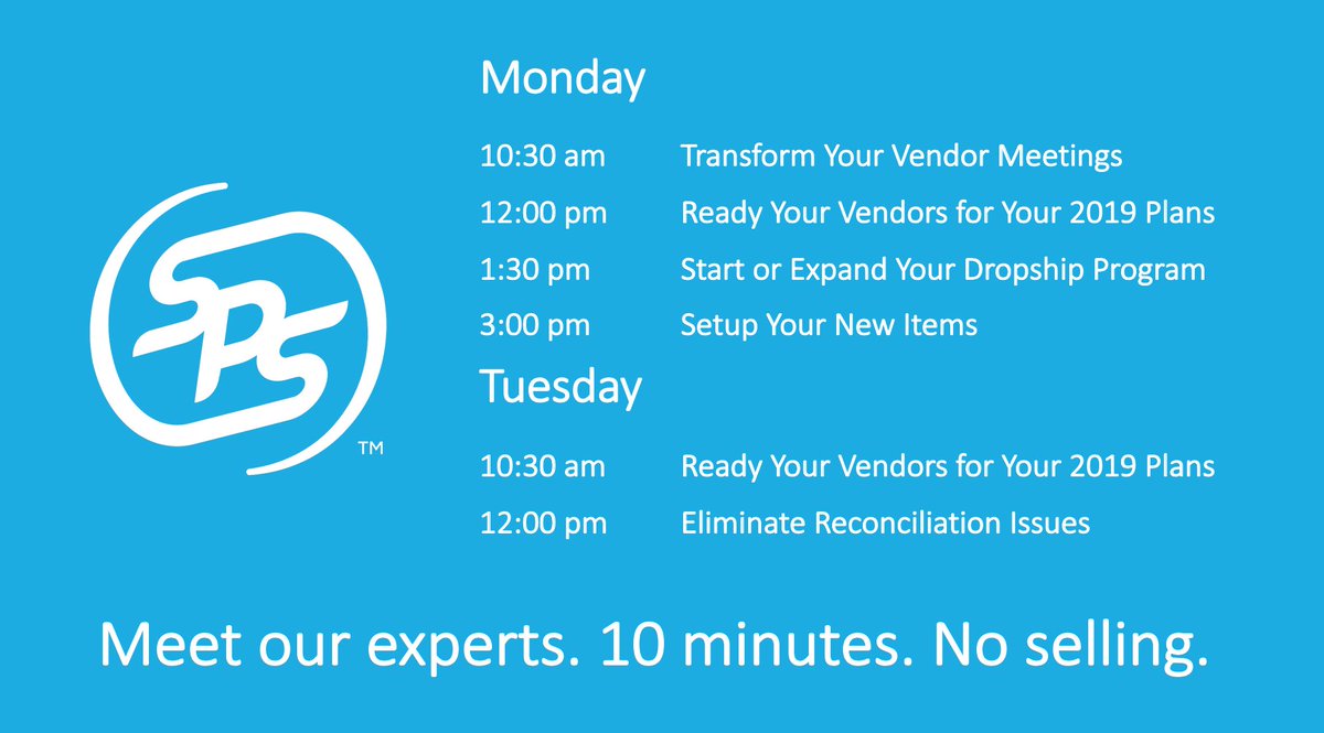 SPS_Commerce's tweet image. Are you at #NRF2019? We've got some mini-sessions on vendor relationships and communication at booth #2625! Check out our schedule here: