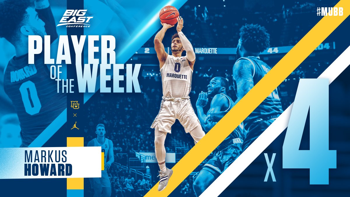 MarquetteMBB's tweet photo. #mubb @markushoward11 earns @BIGEASTMBB POW accolades for fourth time this season. Congrats! https://t.co/QEsurV9RxD https://t.co/TOarxcBiKQ