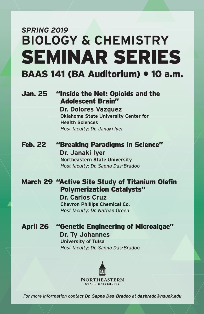NSUBA will begin its spring 2019 Biology and Chemistry Seminar Series on Jan. 25 at 10 a.m.
“Inside the Net: Opioids and the Adolescent Brain” presented by Dr. Dolores Vazquez, representing Oklahoma State University Center for Health Sciences.