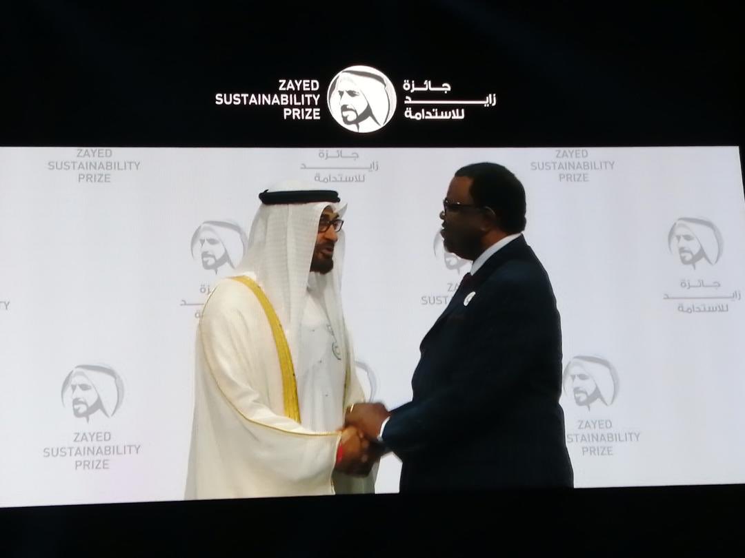 NamPresidency's tweet photo. President Geingob today attended the Zayed Sustainability Prize Award Ceremony at the Abu Dhabi Sustainability Week, at the invitation of Sheikh Mohamed bin Zayed, Crown Prince of Abu Dhabi. #ADSW19 https://t.co/aYMkYzH6Rj