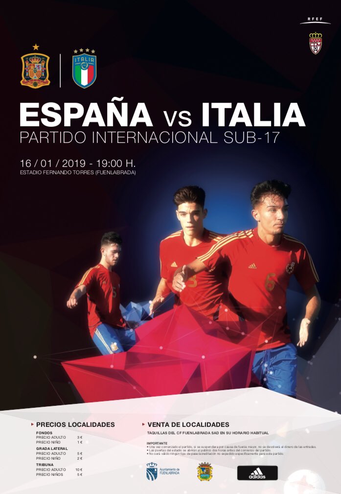 RFFM_oficial's tweet photo. PARTIDO INTERNACIONAL | El próximo miércoles 16 de enero de 2019 jugamos todos!! Juega la Roja!! Partido Internacional Sub-17 entre las selecciones de España 🇪🇸 vs Italia 🇮🇹 

🏟Estadio Fernando Torres 
📍Fuenlabrada 
🕖19:00H https://t.co/2Wp2MHKbGp