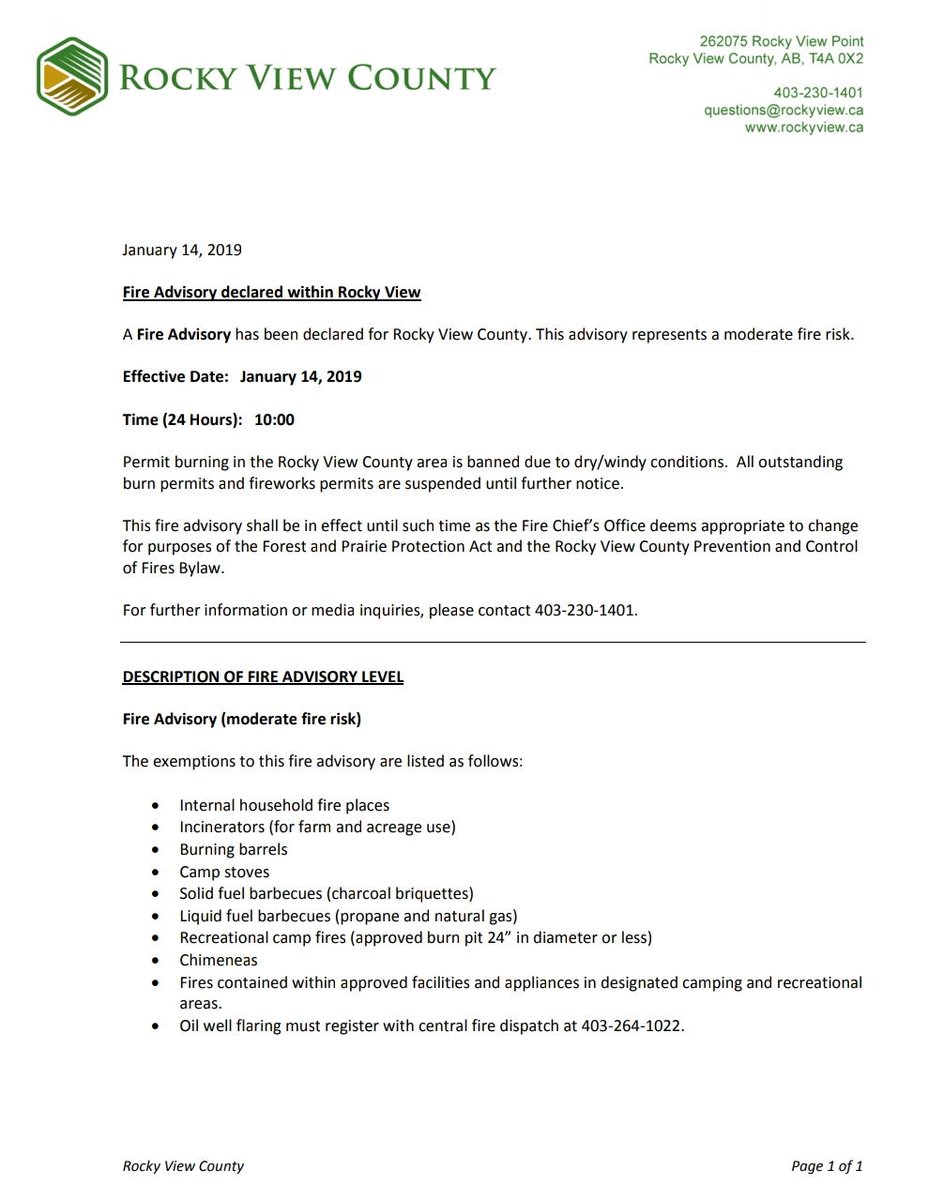 108Fire's tweet image. As of 10AM today, Rocky View County has issued a Fire Advisory. Please see picture for further details.