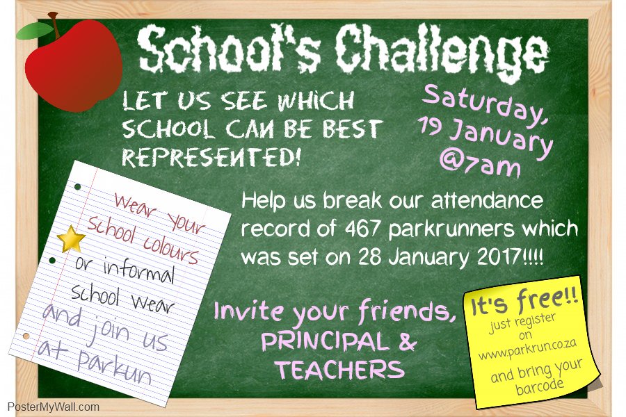 Kimberparkrun's tweet photo. Calling all schools in Kimberley! 
You can help us break our attendance record!All teachers and students are invited to attend parkrun on Saturday.
Wear your scool colours and let us see which primary and high school will be represented the best Do you think we can reach 500? https://t.co/jl3HC7xNzo