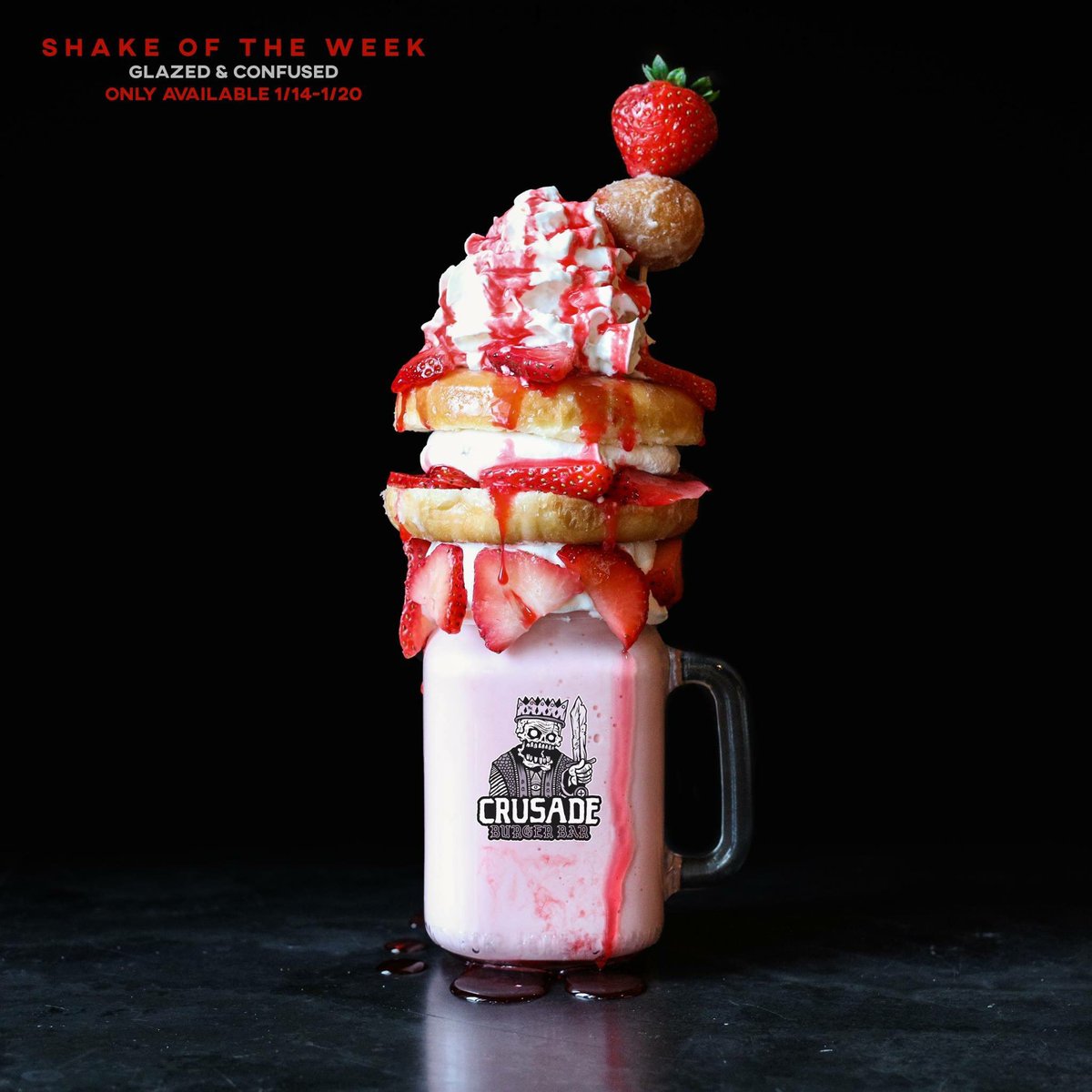 Crusadeburger's tweet photo. Glazed and Confused | strawberry milkshake with glazed donut and fresh strawberry shortcake, whipped cream, donut hole and fresh strawberry skewer, strawberry drizzle https://t.co/Lk7u8RuATt