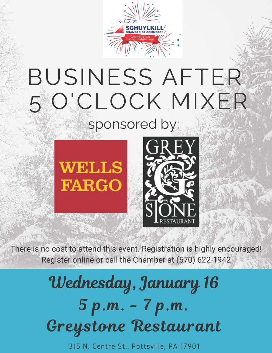 Don't forget to register for this week's Mixer! Wednesday's Mixer is sponsored by Wells Fargo and Greystone Restaurant and will be held at the Greystone in Pottsville from 5:00 p.m. - 7:00 p.m.
Register now ---> bit.ly/2SqaOr2
#SchuylkillChamberofCommerce