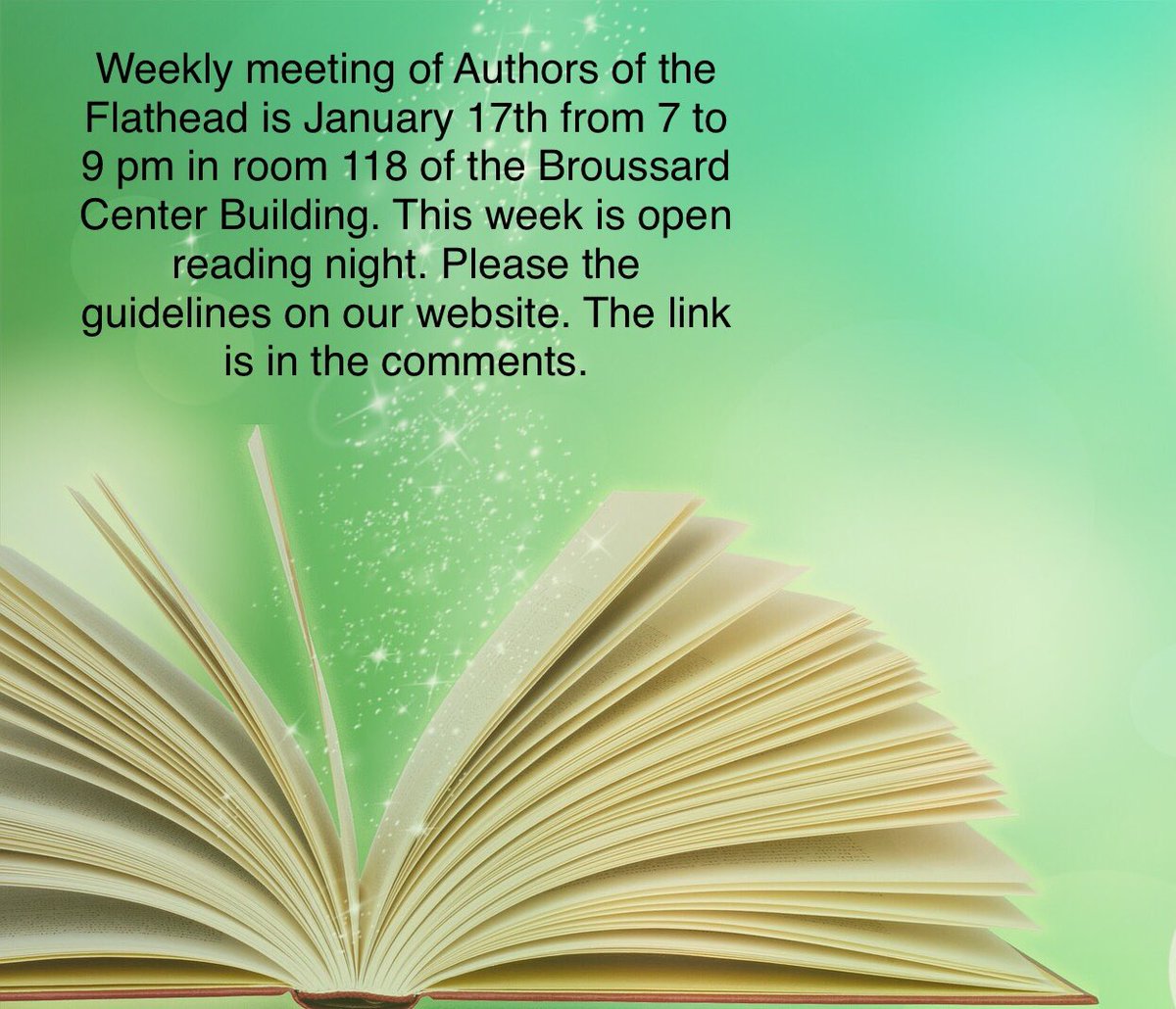 Authors of the Flathead open reading guidelines can be found here: authorsoftheflathead.org/meetings.asp #authors #writercommunity #flatheadwriterscon #authorsoftheflathead #writers <a href="/susan_purvis/">Susan Purvis #GOFIND</a> <a href="/burke_writer/">Debbie Burke Writer</a> <a href="/BJKuffel/">Betty Kuffel</a> <a href="/dfoley/">Dennis Foley</a>