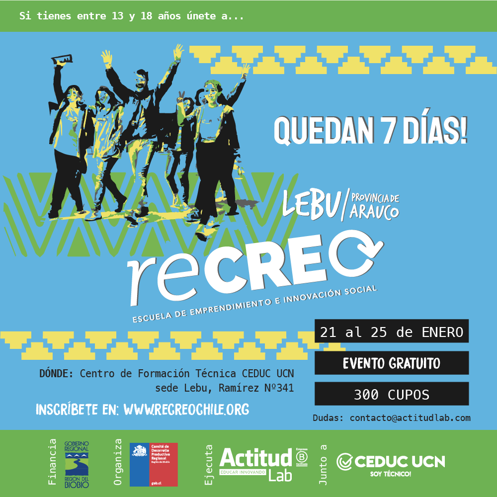 RecreoChile's tweet photo. Quedan pocos días para que comience Recreo en la provincia de Arauco!
Si tienes entre 13 y 18 años, ingresa a https://t.co/1mVVwhdA2u para encontrar todos los detalles e inscribirte en la escuela de emprendimiento e innovación social mas entretenida del verano! 😄 https://t.co/V0hjzvCwHM