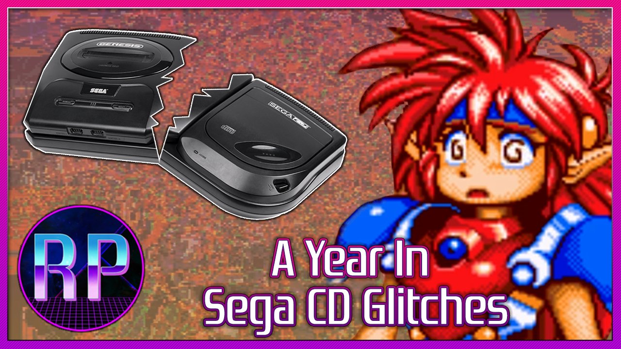 Thumbnail for the video featuring a swirly-eyed Popful Mail and a broken Sega CD with the text "A Year In Sega CD Glitches" at the bottom.