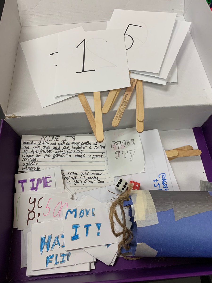 carriedilley62's tweet photo. Wow! What a creative idea for our โCreate a Gameโ Challenge!! Now they need a company to buy and sell their idea! Roll dice, pick cards and use time limit to create a movement using cards. They even created signs to hold up with scores! #stem #designthinking #createagame https://t.co/tNEWGezO7P