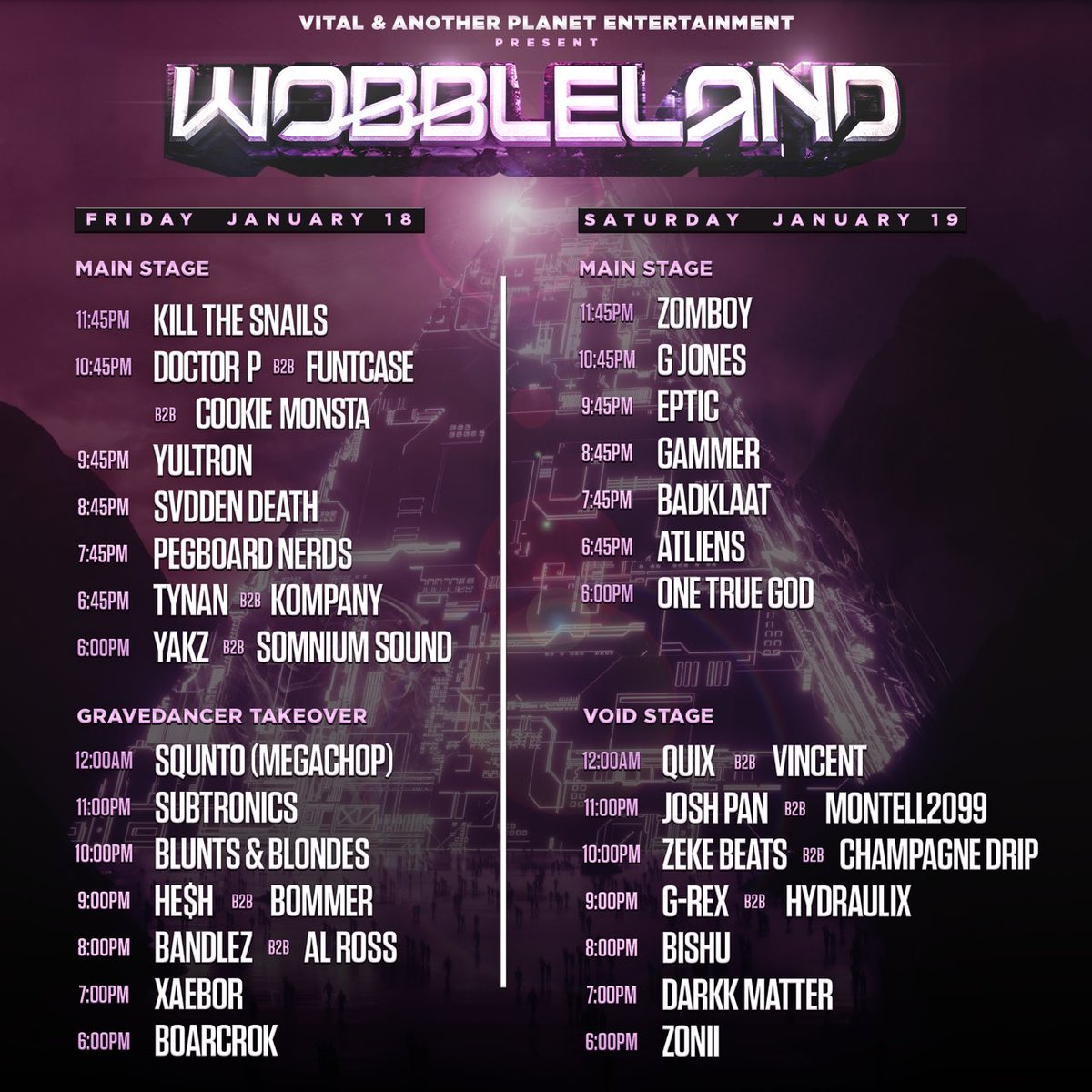 VitalEvents's tweet image. Your Wobbleland 2019 Set Times are HERE! Whomst ready for two days of intense head banging action?? SEE YOU FRIDAY + SATURDAY! 🚀 

🎫: wobbleland.com/tickets