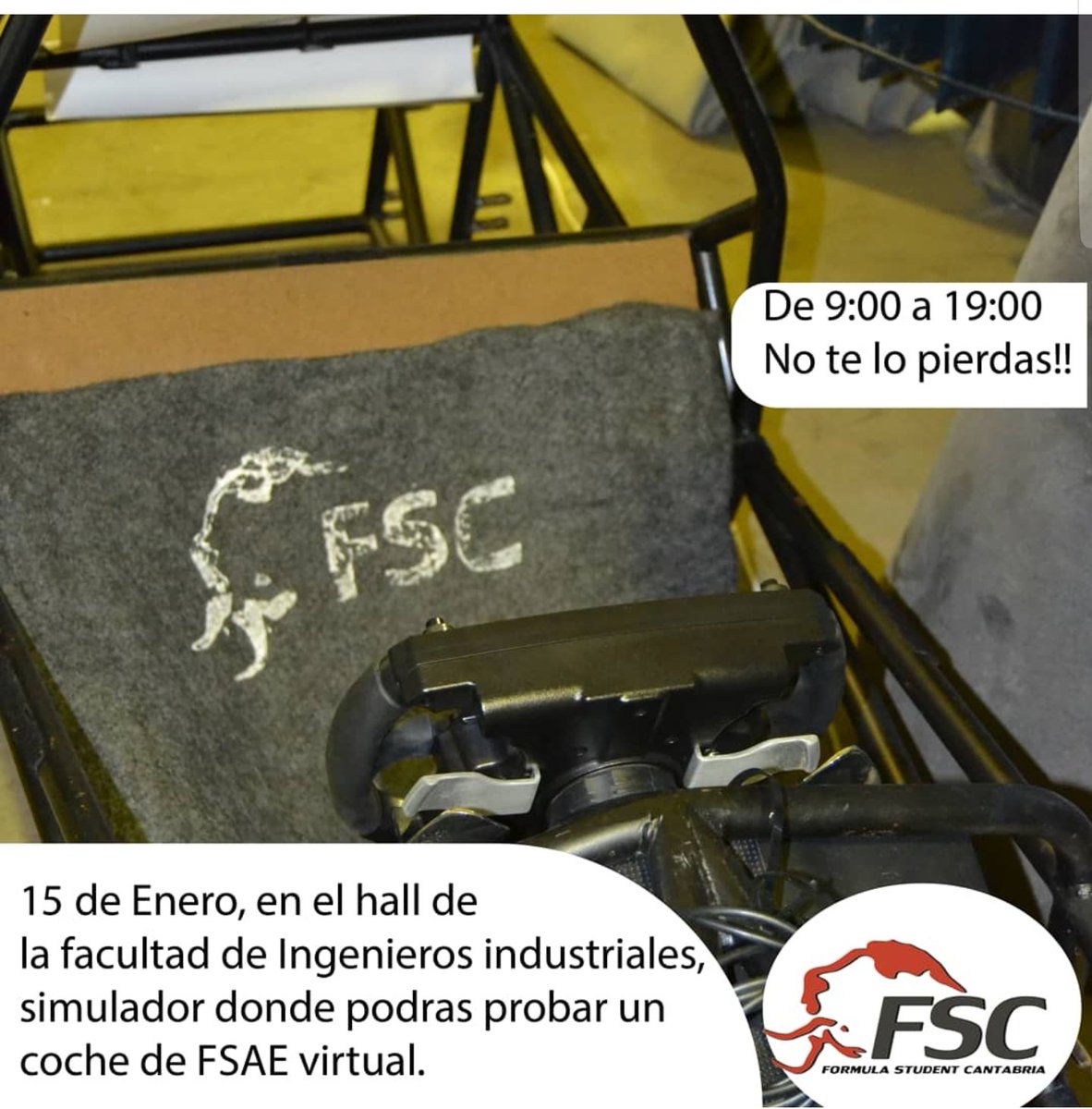 Mañana, 15 en el hall de la Facultad de Industriales de la Universidad de Cantabria, pondremos nuestro simulador para recaudar fondos para el proyecto, podréis probar un coche de FSAE virtual y participar en nuestra competición por ver quien es el más rápido, ven a probarlo!!! 😁