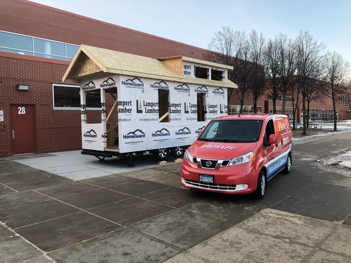Bonfe techs were at Eagan H.S. this morning to help with the plumbing and electrical for the Tiny Home building project the Eagan students are doing.