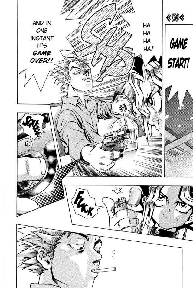 One of my favorite moments from early Yu-Gi-Oh is when Yugi tricks an escaped convict to light himself on fire.