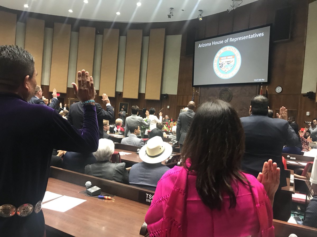 AZBethLewis's tweet photo. The 54th #AZLeg being sworn in. AZ Educators, parents, and children are counting on you to fund, protect and #SaveOurSchoolsAZ2019 @arizona_sos https://t.co/Uo6Ub9Wj7r