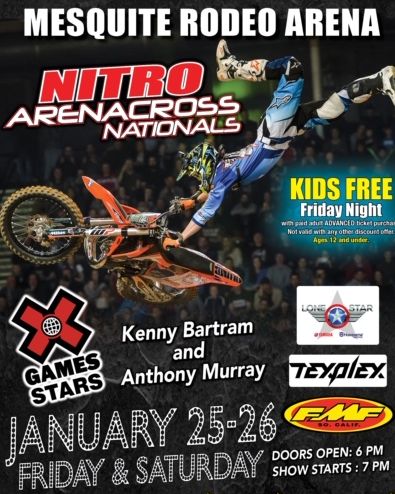 Nitro Arenacross Nationals!! LIVE at the #MesquiteArena ! Don't miss your chance to see on Friday &amp; Saturday , January 25-26! Tickets available here bit.ly/2GXE6fN Don't wait until is too late.