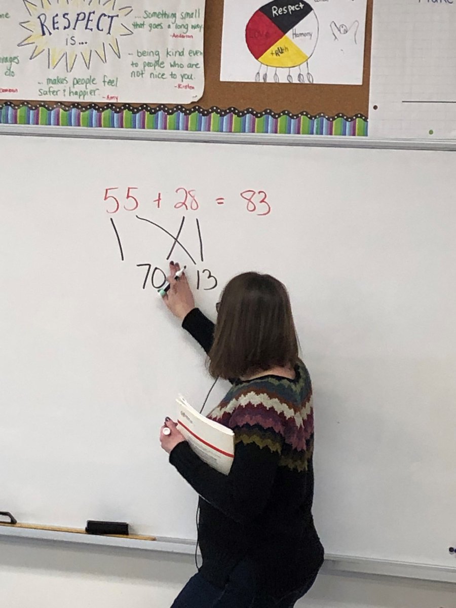 ChemongPublic's tweet photo. How do you add 55 + 28? Oh the ways that Ms. Delahunt's class talked through how they added these numbers. #numbertalks #Scopeandsequence #SLP2018 https://t.co/L474HAMKuN