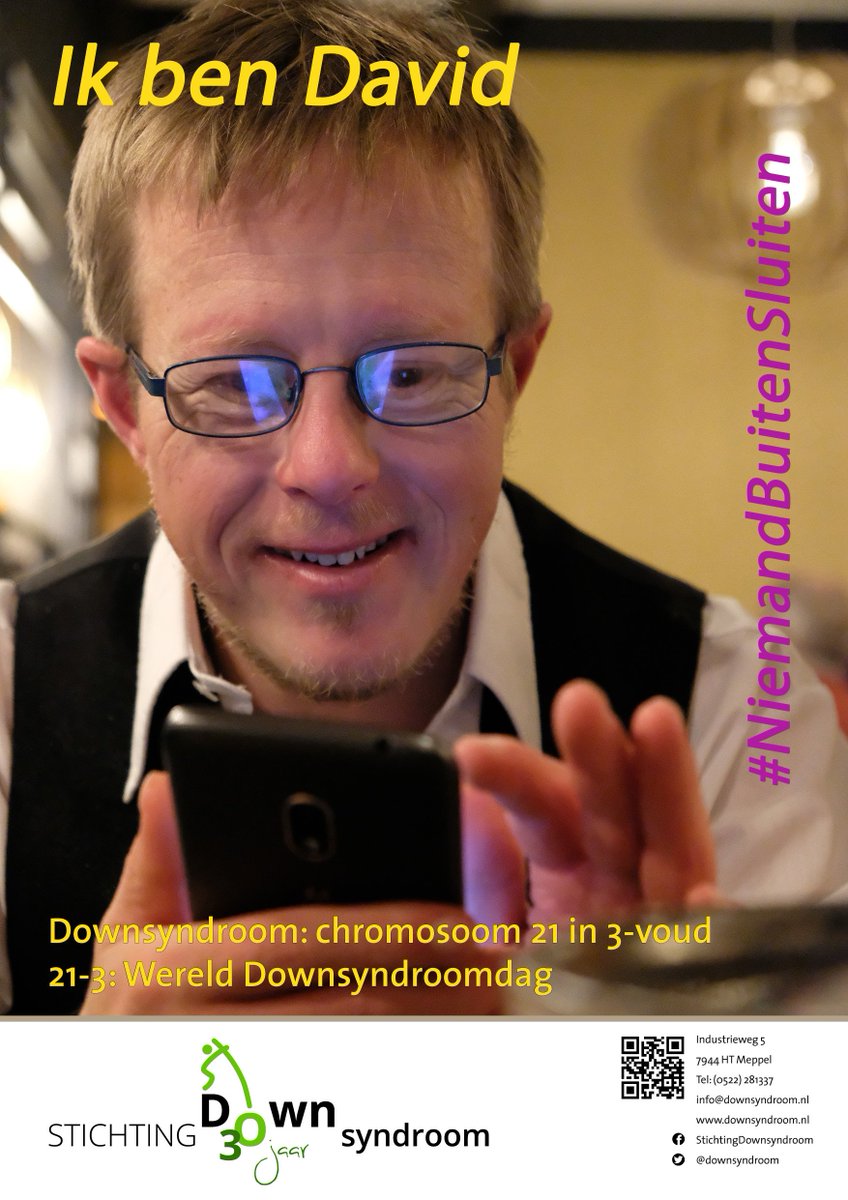 #Downsyndroom = trisomie 21. Daarom is het 21-03 weer Wereld Downsyndroomdag, #WDSD2019. Bij de #StichtingDownsyndroom loopt nu weer de jaarlijkse postercampagne. Het thema is #NiemandBuitenSluiten. Zie downsyndroom.nl/postercampagne… <a href="/downsyndroom/">St. Downsyndroom</a>