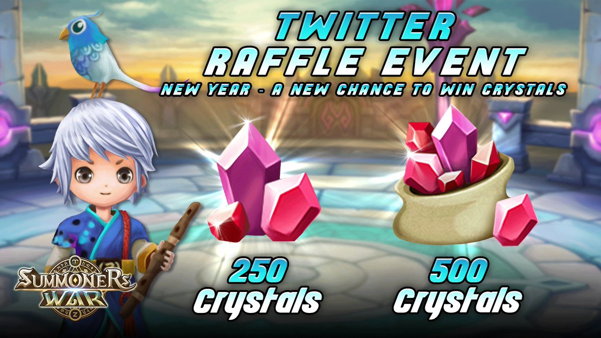 Twitter Raffle Event!
Event Starts: January 14th 11:59 PST
Event Ends: January 21th 11:59 PST
----
How to participate: 
-Follow our Twitter Page
-Retweet this post
-Tag a friend in this post
----
6 lucky winners will win 250 Crystals!!
2 lucky winners will receive 500 Crystals!!