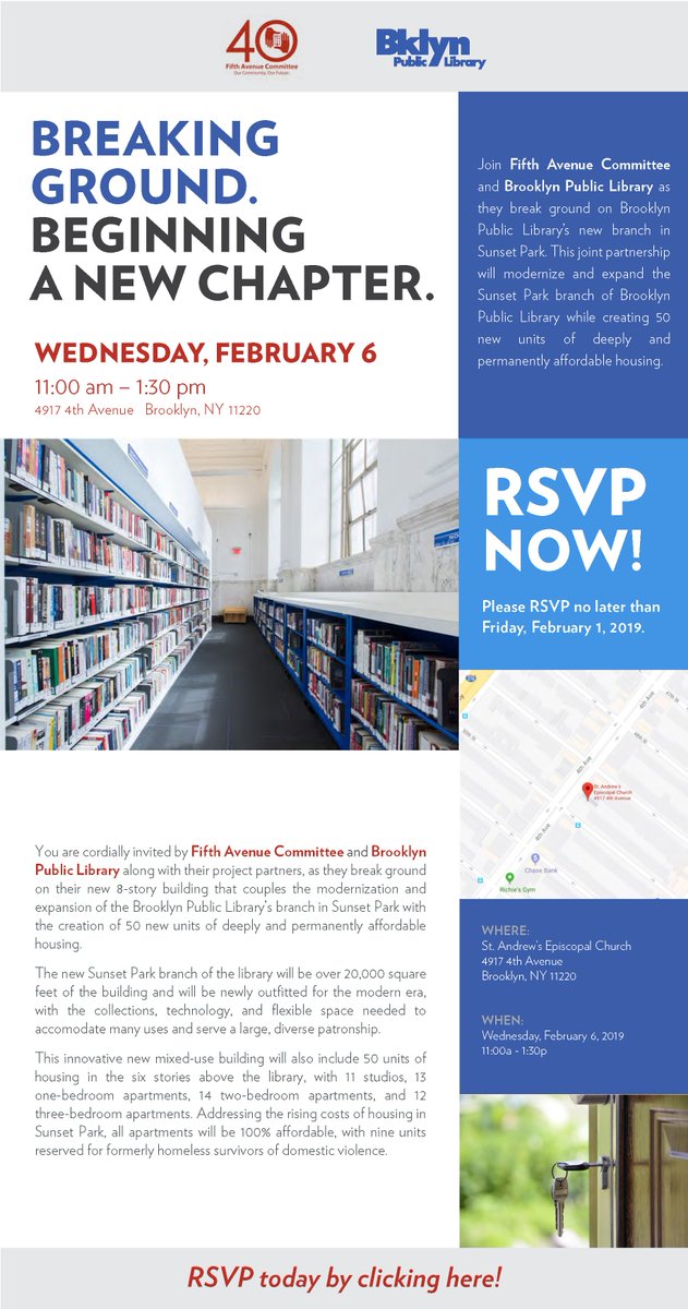 FACbrooklyn's tweet image. SAVE THE DATE! On February 6, @FACbrooklyn will be breaking ground on @BKLYNlibrary's new branch in Sunset Park, a brand new 8-story building that includes 50 units of 100% affordable housing. RSVP here: bit.ly/2SOZdSU