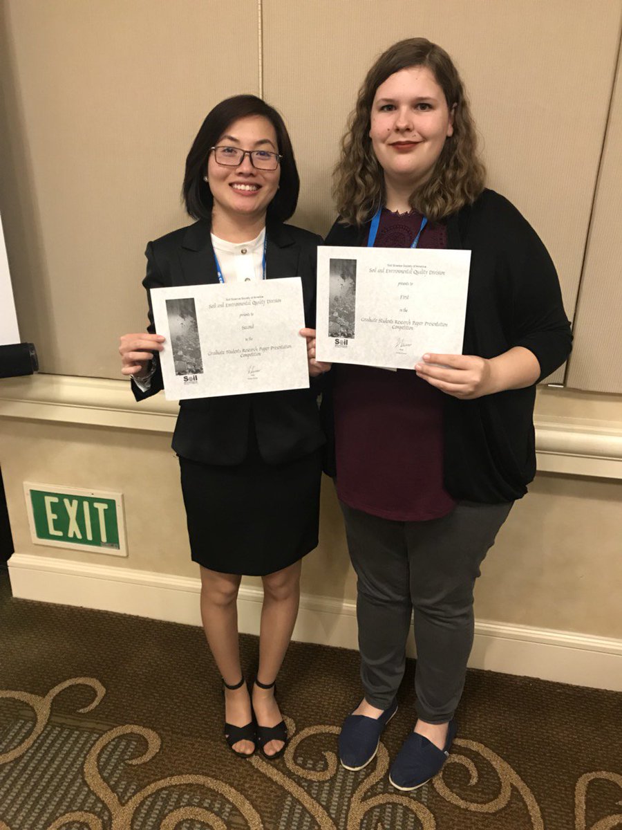 ICTASVT's tweet photo. TWO of our ICTAS Doctoral Scholars won presentation awards at the 2019 @SSSA_soils meeting 🎉. Congrats to Hanh Le and Sarah Shawver! #sssamtg https://t.co/PraCzRJ1mk