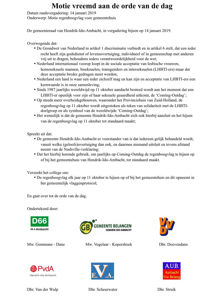 D66HIAmbacht's tweet photo. Vanavond is in de Ambachtse raad, op initiatief van D66, een zogenaamde regenboogvlag motie bij meerderheid aangenomen. Statement richting de Nashville-verklaring. Nu elk jaar op 11 oktober de regenboogvlag op of bij het gemeentehuis. Mooi gebaar! https://t.co/lsq8GZsNru