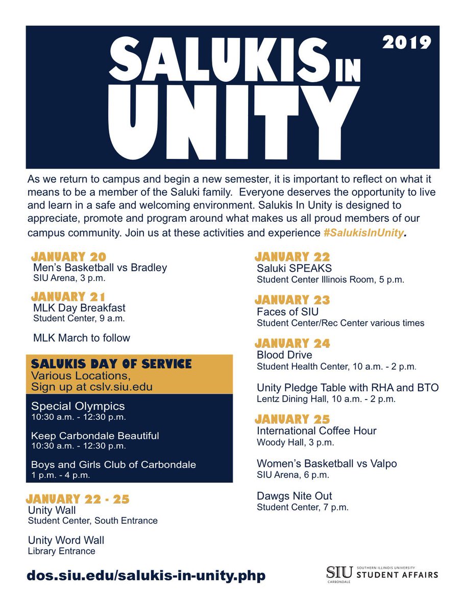 SIUC_Tutoring's tweet photo. “Everyone deserves the opportunity to live and learn in a safe and welcoming environment.” Come check out the events and activities #SalukisInUnity will be hosting this month! https://t.co/Wu2q6YK98n