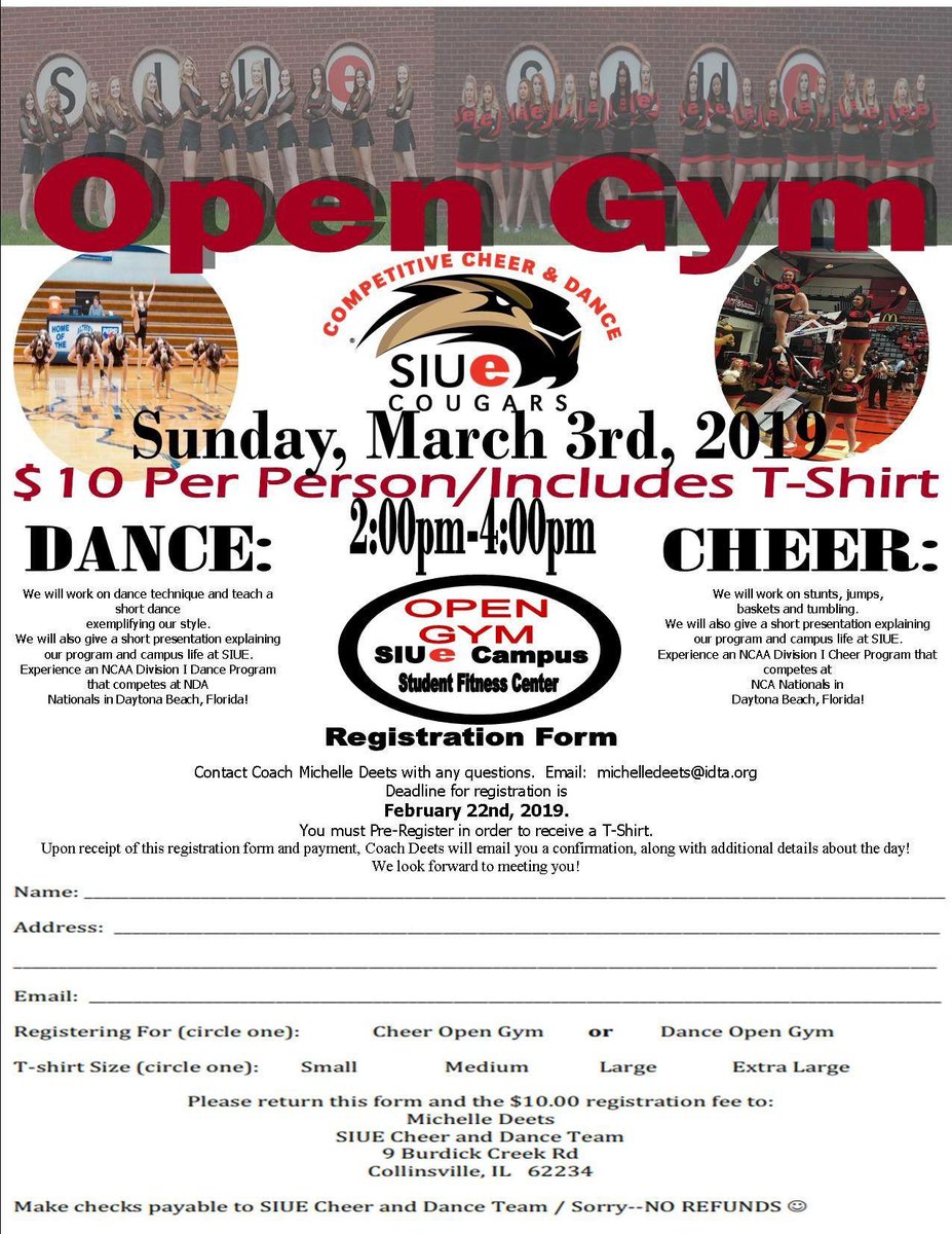 It's time to get registered for the SIUE Cheer and Dance Spring Open Gym!
If you have questions contact: michelledeets@idta.org
We are looking forward to seeing all of you! #gocougars #siuecheer #siuedance #collegecheer  #collegeopengym @SIUE_ClubSports <a href="/SIUENews/">SIUE News</a> <a href="/SIUEcampusrec/">SIUE Campus Rec</a>