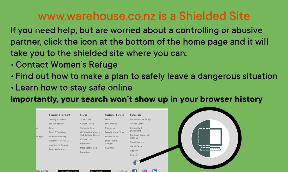 TheWarehouseGrp's tweet photo. If you ever need to access help, @thewarehousenz website is a #ShieldedSite. Scroll to the bottom of the Homepage and look for the Shield symbol @womensrefugenz #StandupNZ @WhiteRibbonNZ https://t.co/SYqvolPBSi