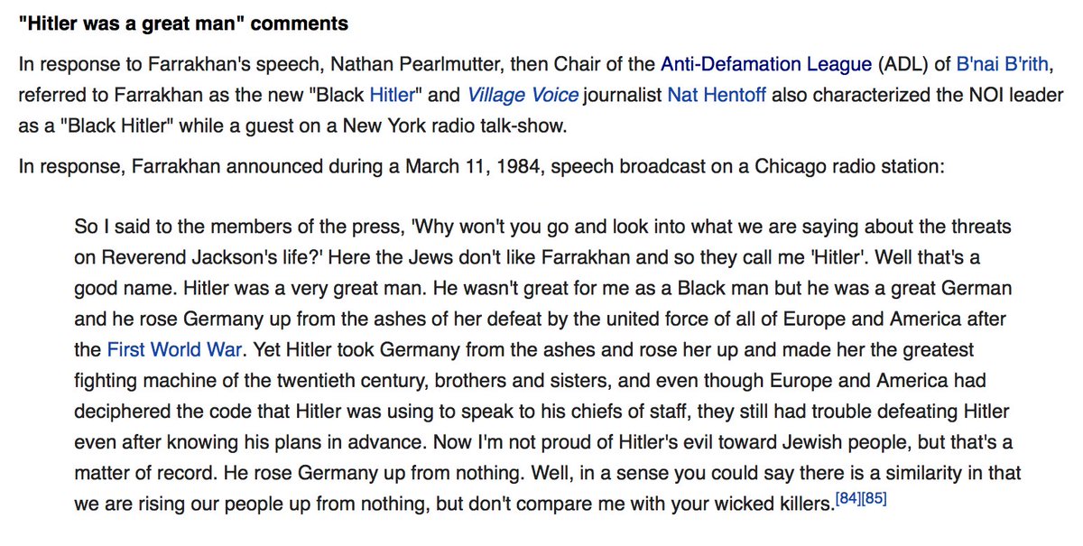 1984: Farrakhan states Hitler was a great man.