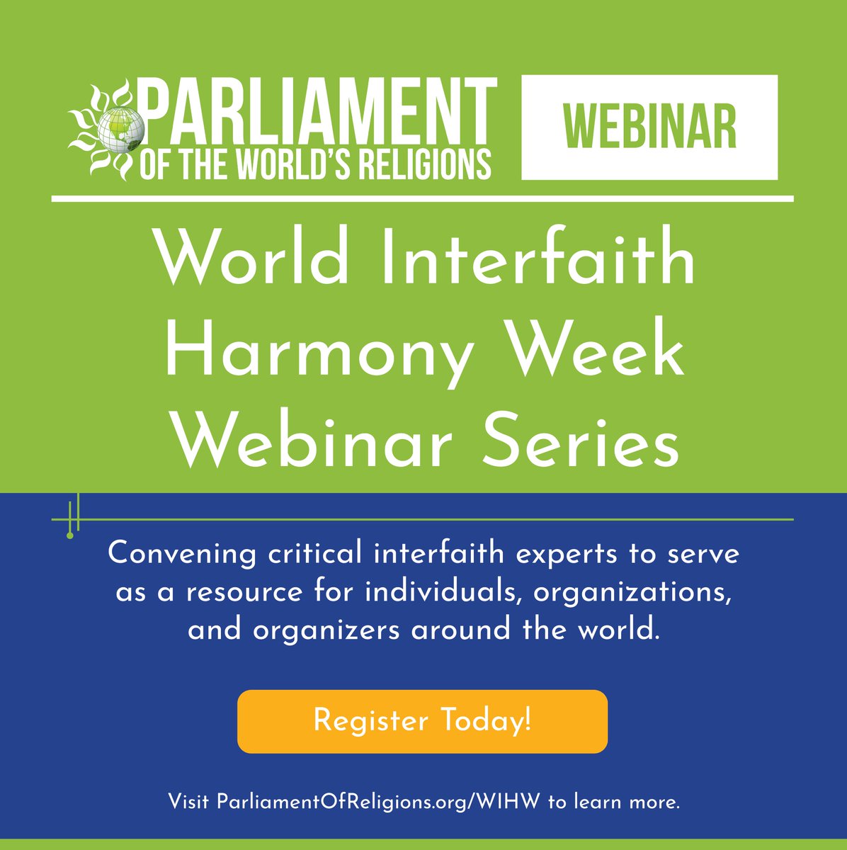 InterfaithWorld's tweet image. Join the Parliament for our 2019 @wihw Webinar Series starting Friday, January 18th. Visit goo.gl/3RvQNf for details.
#WorldInterfaithHarmonyWeek #WIHW #InterfaithPoWR