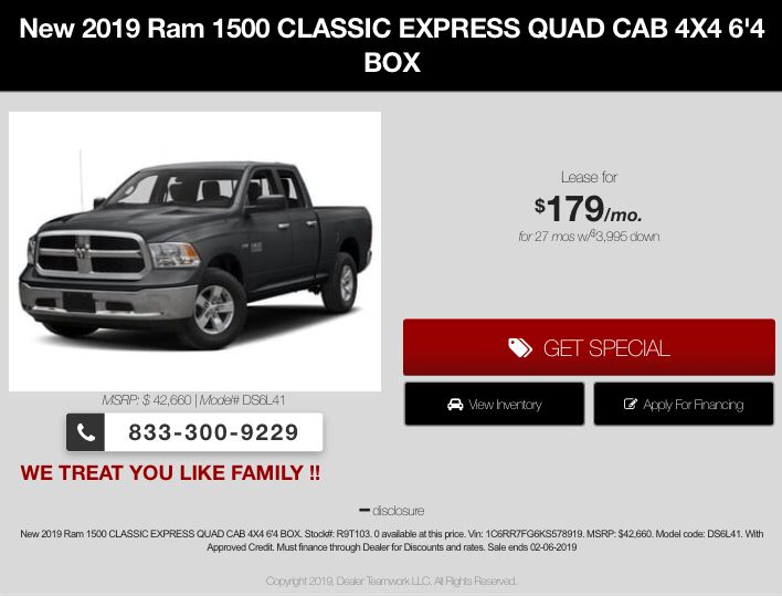 GravaCarsBoston's tweet photo. Don't miss out! You could be leasing a new 2019 Ram 1500 Classic Express Quad Cab for $179 a month for 27 months when you put $3,995 down! Visit our website for details!
https://t.co/OnprRLKTqR https://t.co/dW0plZjYr6