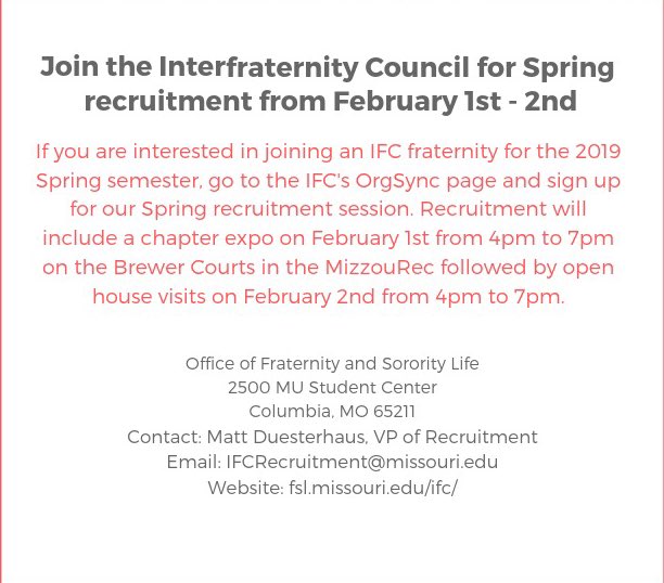 REMINDER: Registration for the IFC’s Spring Recruitment is now open on our OrgSync page.